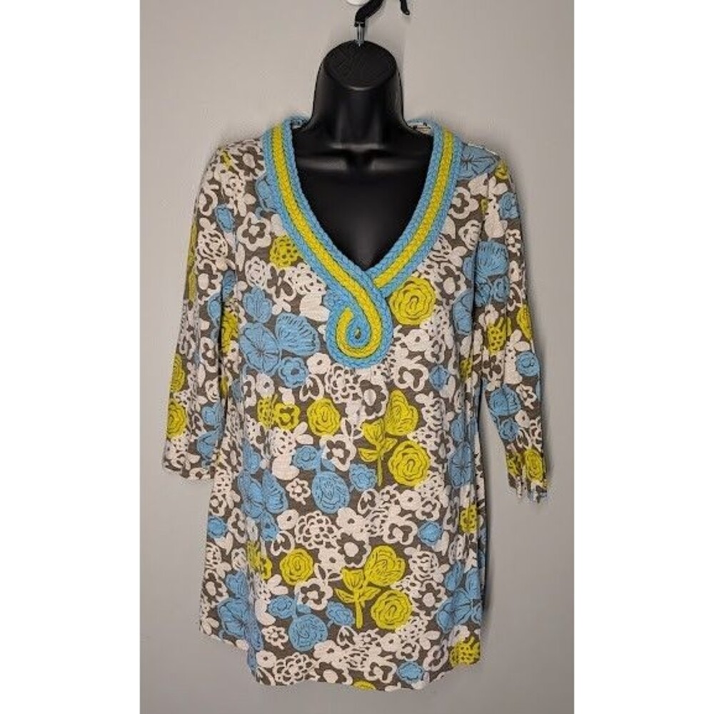 Boden Multicolor Blue/Yellow Braided V-Neck Tunic Top Size 8